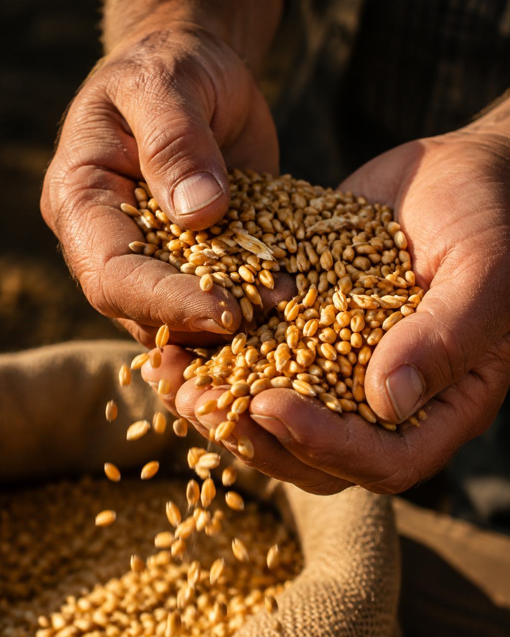 Mani di un agricoltore che selezionano semi di grano duro